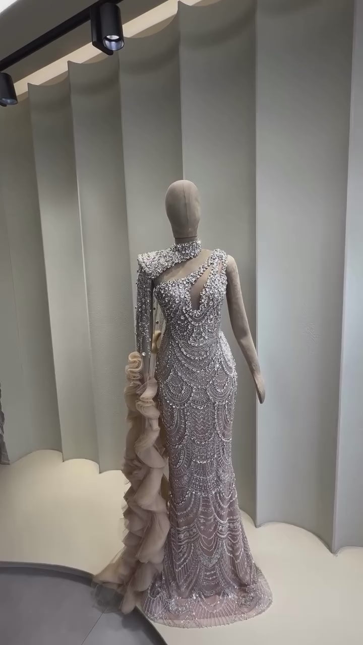 Luxury Nude Crystal One Shoulder Beaded Mermaid Evening Dress LA73533