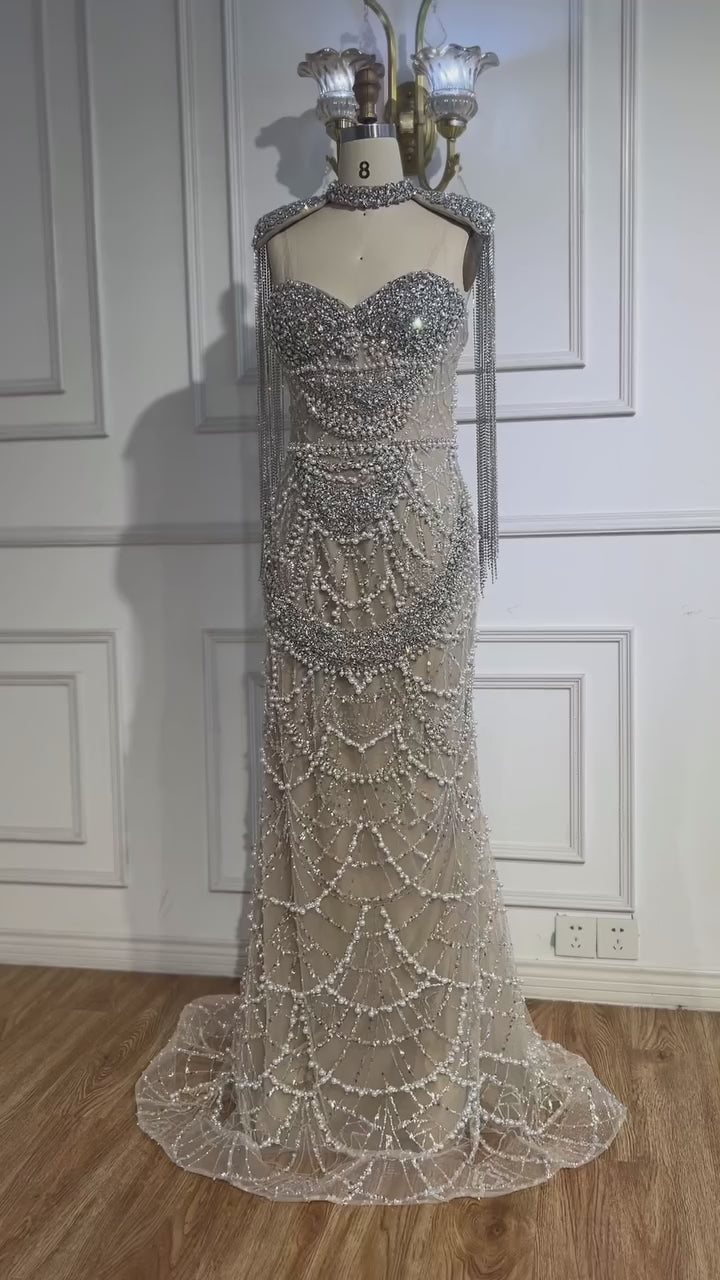 Kosovo Luxury Beaded Pearls Tassels Nude Evening Dress With Short Cape CLA72876