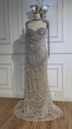 Kosovo Luxury Beaded Pearls Tassels Nude Evening Dress With Short Cape CLA72876