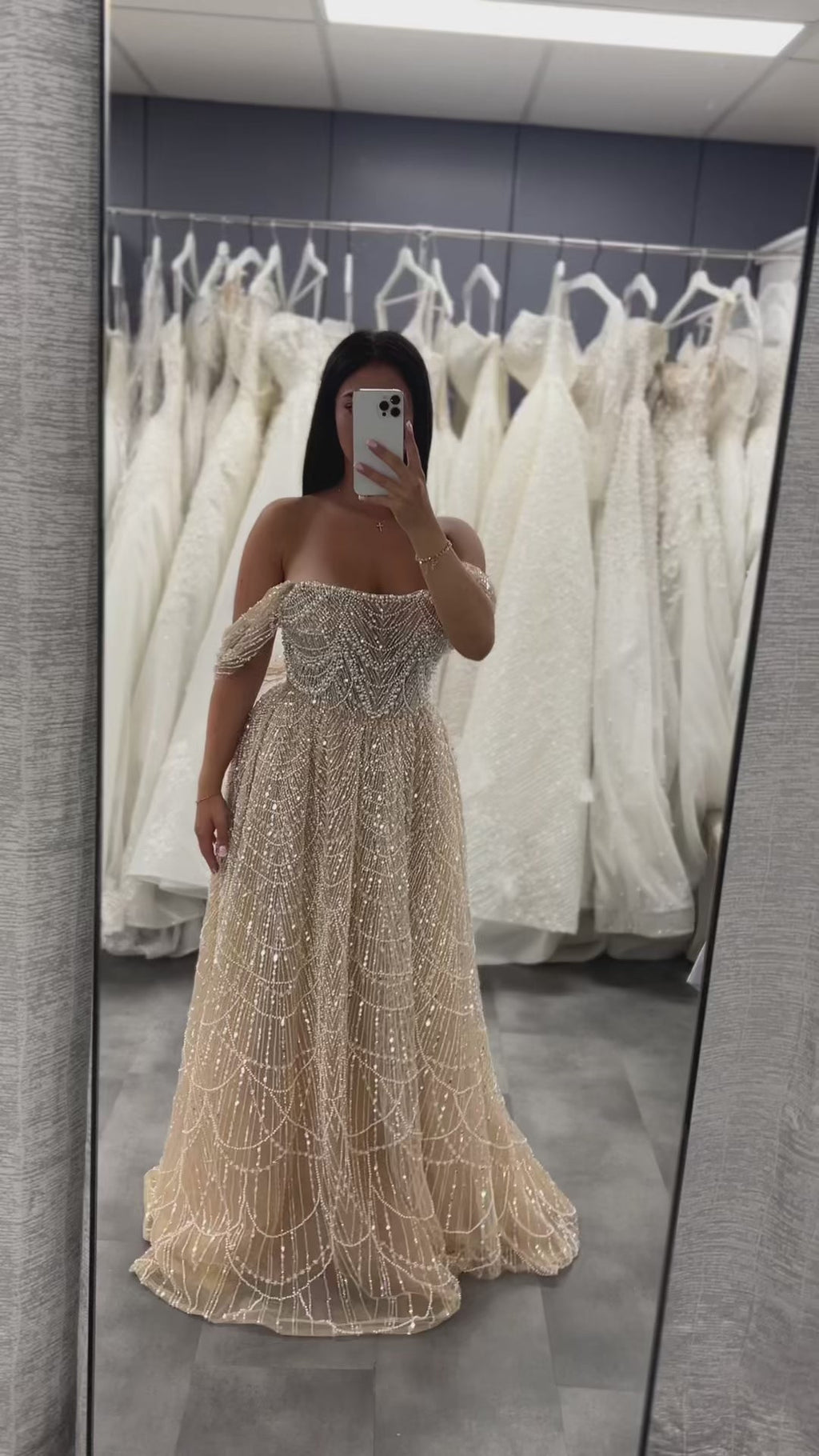 Luxury Nude A-Line Pearls Off Shoulder Evening Dress CLA72738A