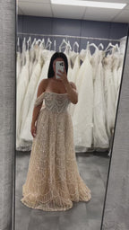 Luxury Nude A-Line Pearls Off Shoulder Evening Dress CLA72738A