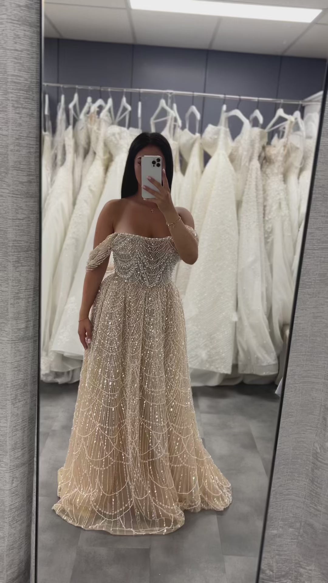 Luxury Nude A-Line Pearls Off Shoulder Evening Dress CLA72738A