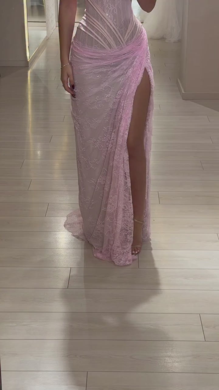 Luxury Pink Saudi Arabic Lace Embroidery Evening Dress CLA73373