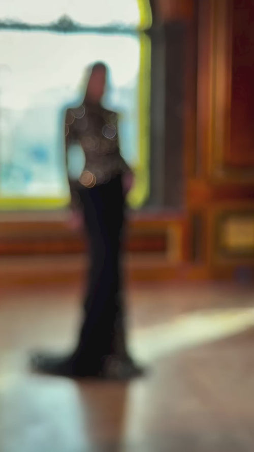 Luxury Arabic Black Modest Long Sleeves Beaded Evening Dress With Chiffon Skirt CLA73524