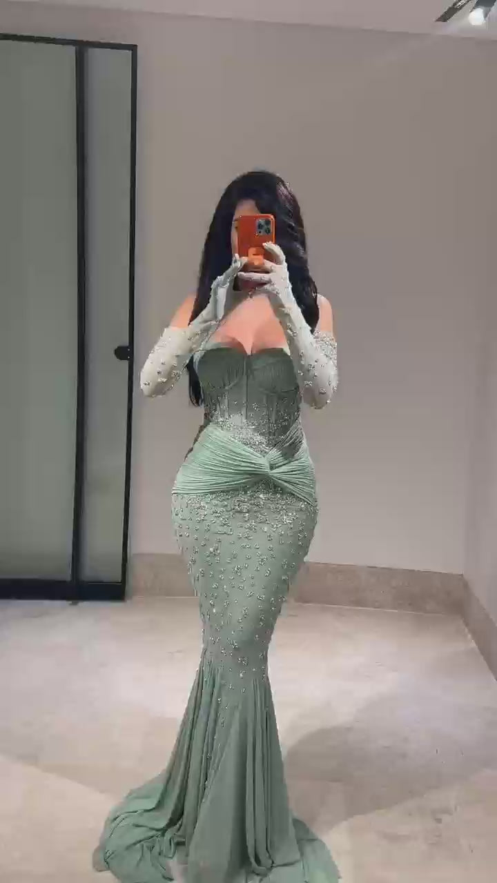 Luxury Turquoise Beaded Evening Dress With Gloves CLA72933