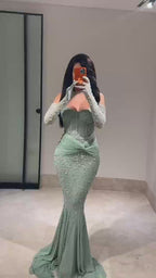 Luxury Turquoise Beaded Evening Dress With Gloves CLA72933