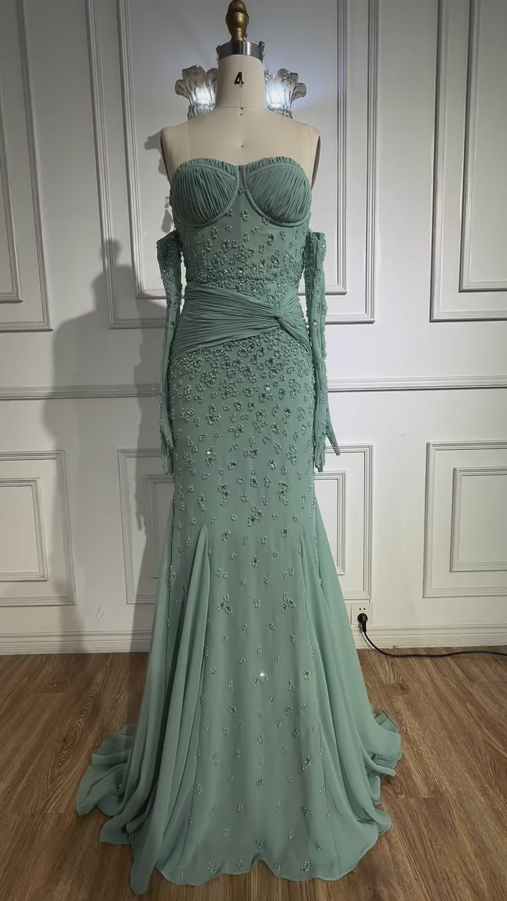 Luxury Turquoise Beaded Evening Dress With Gloves CLA72933