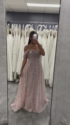 Luxury Nude A-Line Pearls Off Shoulder Evening Dress CLA72738A