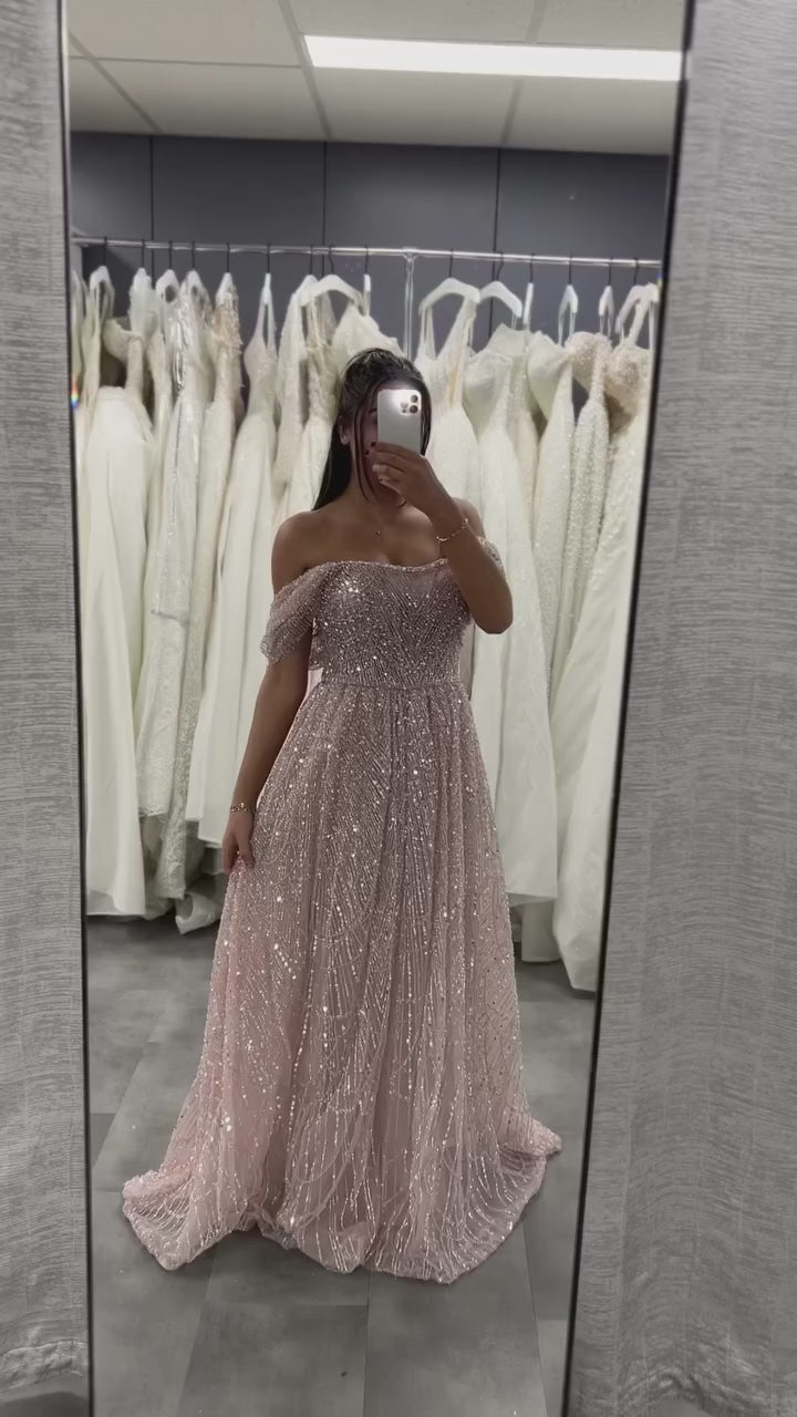 Luxury Nude A-Line Pearls Off Shoulder Evening Dress CLA72738A