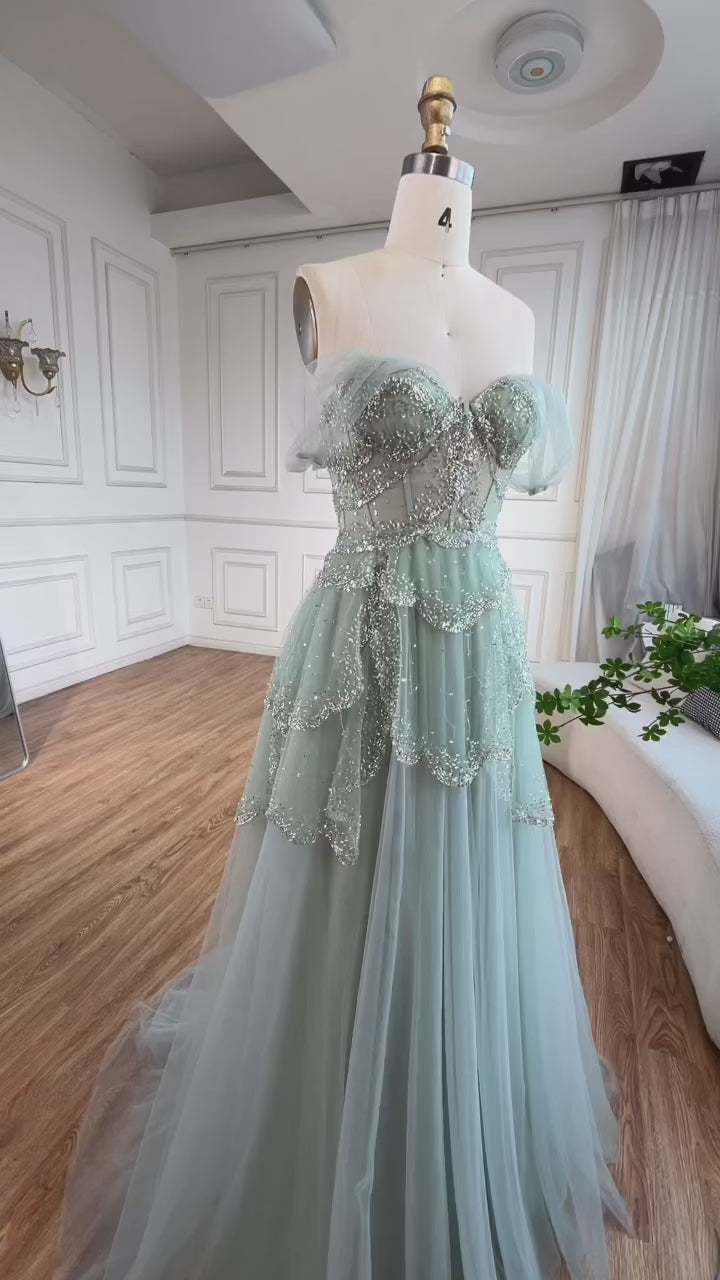 Luxury Sage Green Beaded A-Line Off-Shoulder Evening Dress CLA72605
