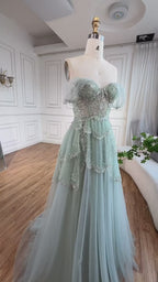 Luxury Sage Green Beaded A-Line Off-Shoulder Evening Dress CLA72605