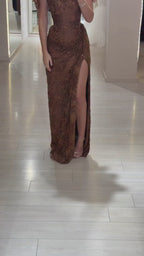 Luxury Brown Beaded Mermaid Gown With Cape CLA73370
