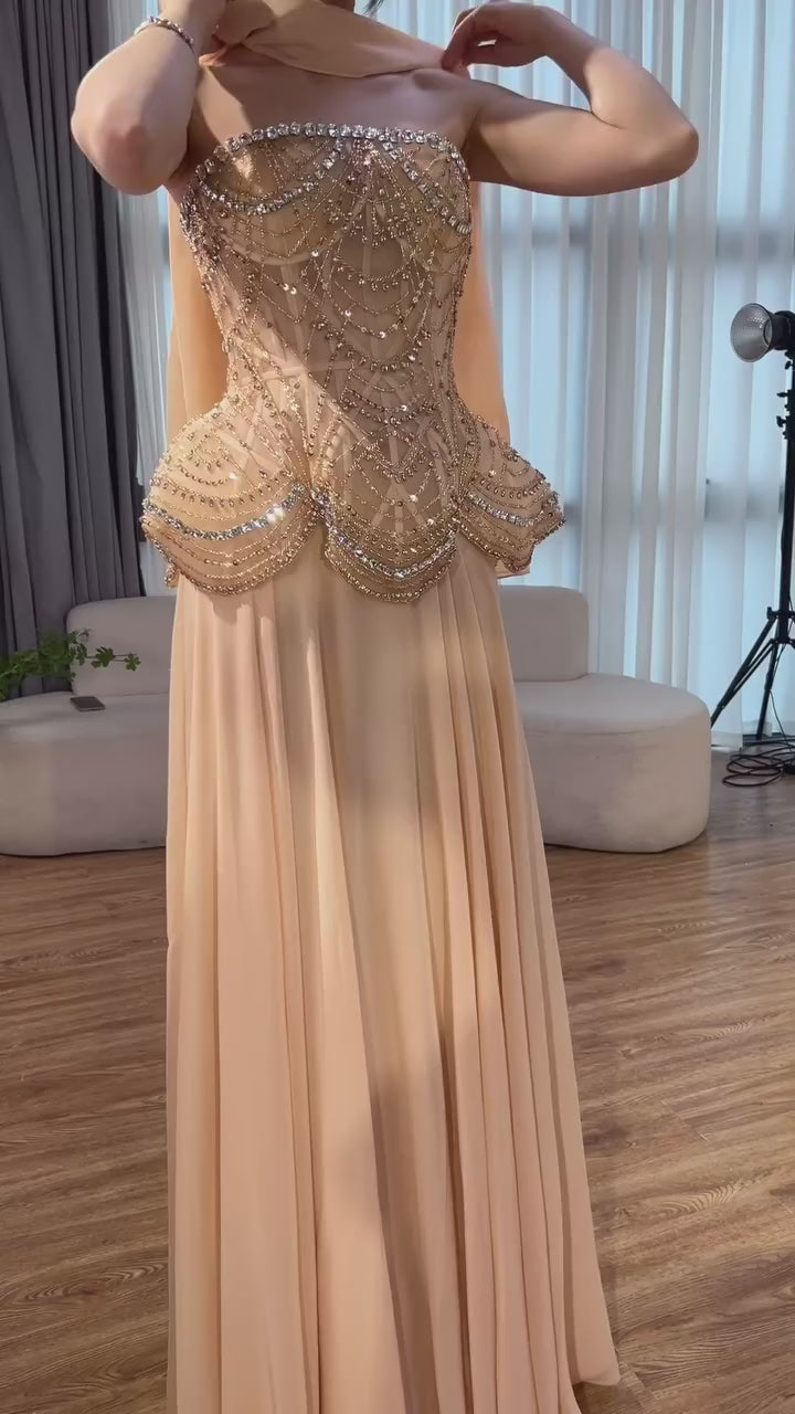 Luxury Designer Nude Beaded Chiffon Evening Dress CLA72915