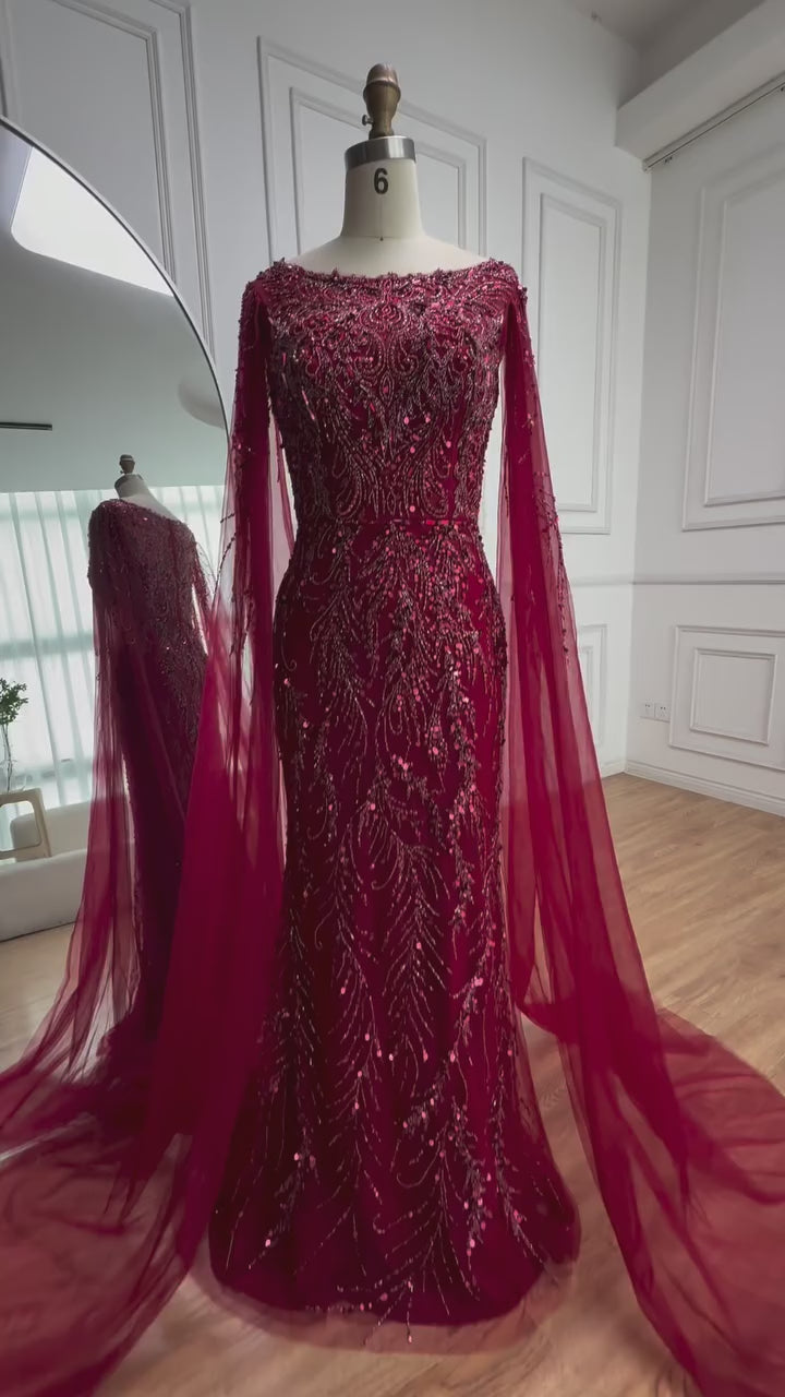 Luxury Caramel Beaded Mermaid Evening Dress With Cape Sleeves CLA73078