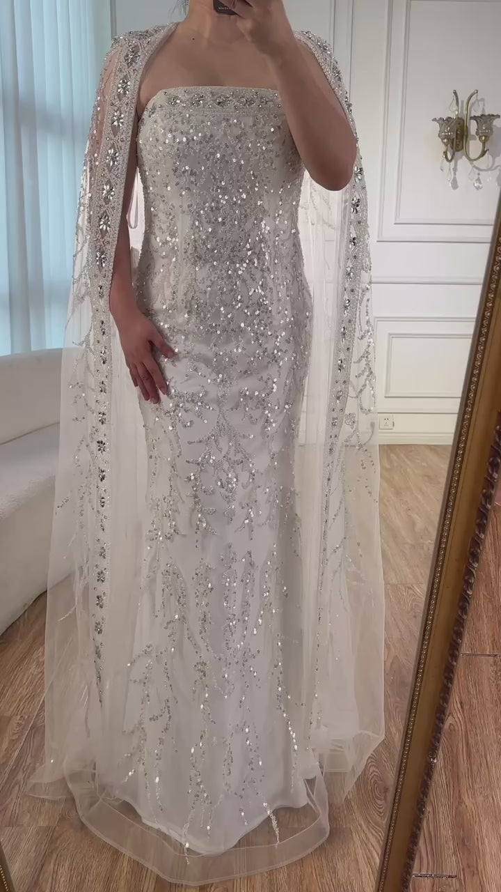 Luxury White Dubai Arabia Beaded Evening Dress With Cape CLA72870