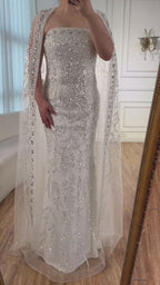 Luxury White Dubai Arabia Beaded Evening Dress With Cape CLA72870