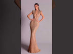 Arabic Luxury Gold Beaded Elegant Short Sleeves Mermaid Evening Dress CLA73221