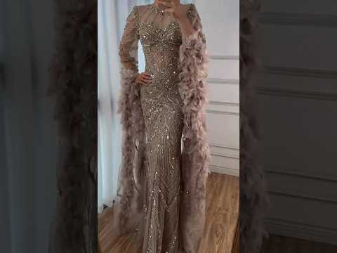 Luxury Modest Pink Feathers Long Cape Sleeves Mermaid Evening Dress CLA72708A