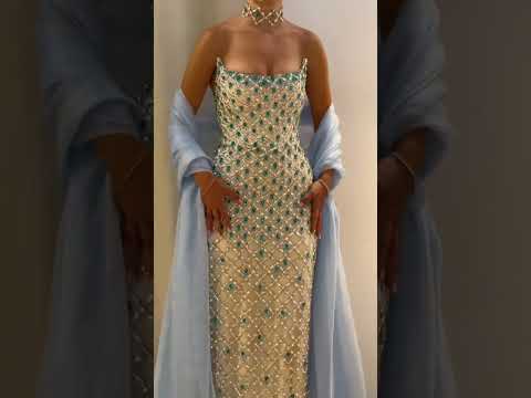 Arabic Luxury Blue Diamonds Mermaid Evening Dress WIth Cape Women Wedding Party Gown CLA73226