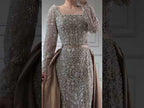Luxury Dubai Arabic Muslim Caramel Mermaid Beaded Evening Gown with Overskirt CLA72533A