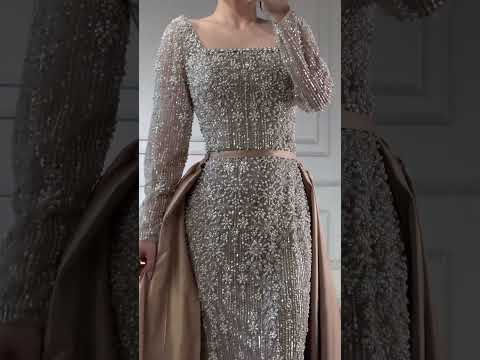 Luxury Dubai Arabic Muslim Caramel Mermaid Beaded Evening Gown with Overskirt CLA72533A