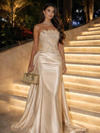 Luxury Champagne Satin Beaded Mermaid Evening Dress LA73622