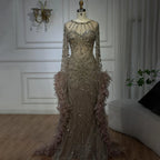 Luxury Modest Pink Feathers Long Cape Sleeves Mermaid Evening Dress CLA72708A