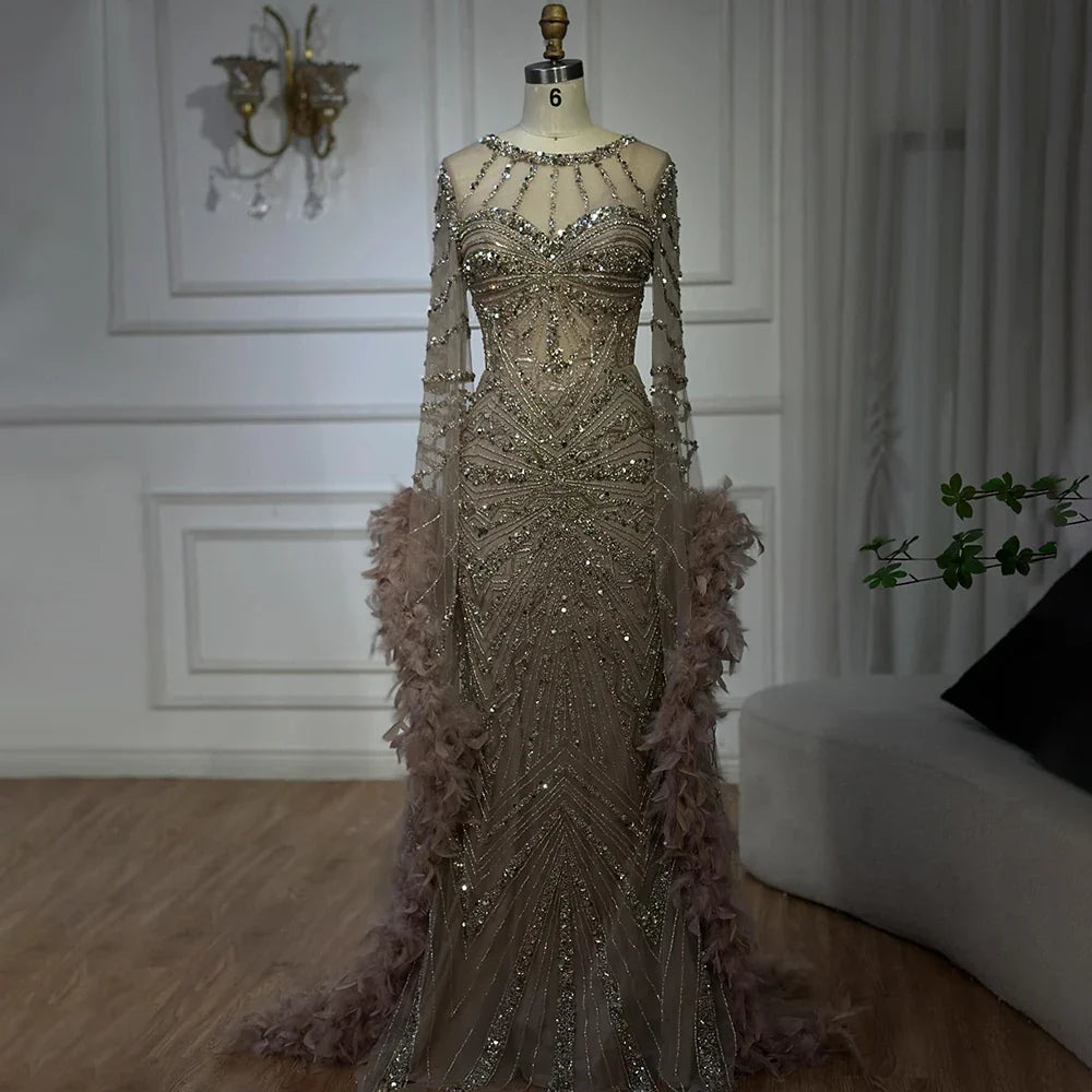 Luxury Modest Pink Feathers Long Cape Sleeves Mermaid Evening Dress CLA72708A