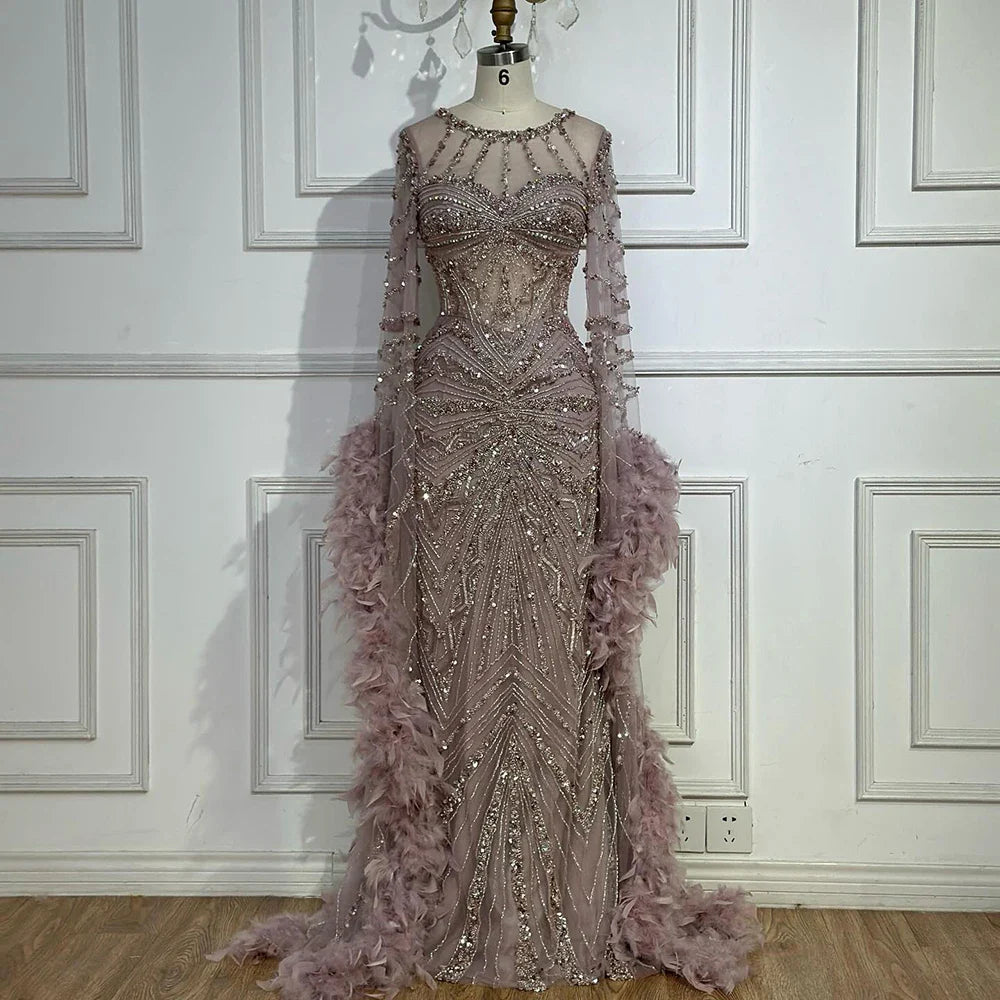 Luxury Modest Pink Feathers Long Cape Sleeves Mermaid Evening Dress CLA72708A